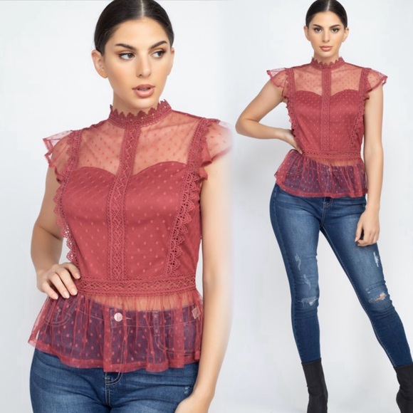 Mesh and lace beautiful blouse in Marsala - Picture 1 of 9